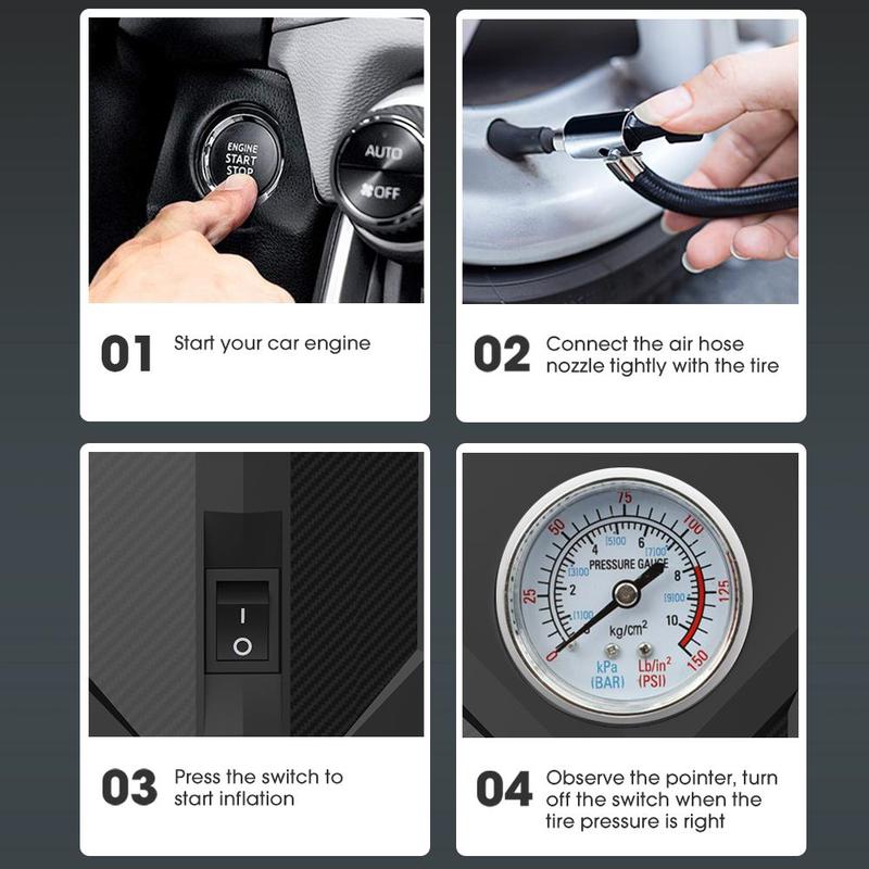 Product Introduction of Carsun Car Air Pump, 12V 150PSI Portable Car Tire Inflator with LED Light, Car Tire Inflation Tool, Professional Car Repair Tool 7