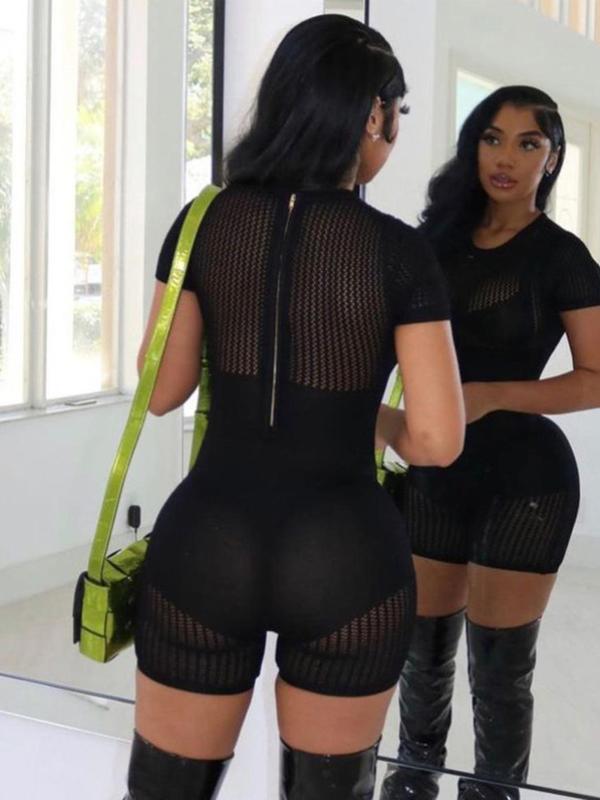 Women's Sexy Solid Sheer Round Neck Romper, Summer Clothes Women, Fashion Casual Hollow Out Short Sleeve Skinny Romper, Women Clothing for Summer, Summer Clothes Valentine's Day, gift 5