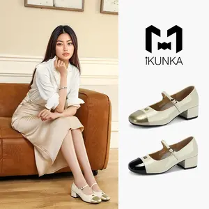 IKUNKA Cross Mary Jane Shoes Sepatu WanitaKorean Style Sepatu Loafers Wanita EmasHitam Tinggi Heel 3CM Sendal