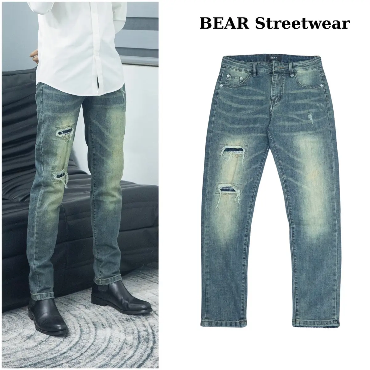 Quần jean nam form slimfit ống ôm vải denim co giãn thoải mái màu xanh vàng SK019