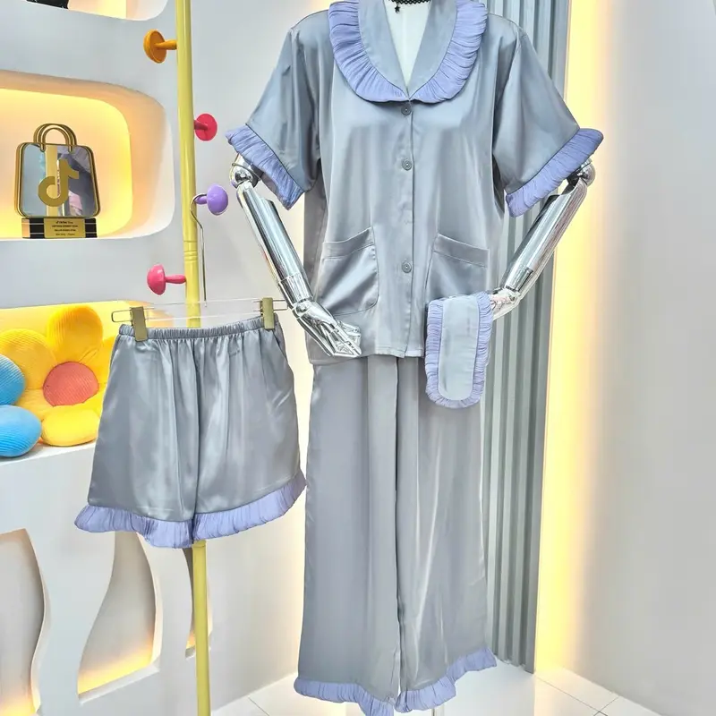[4 SIZE 40-95KG] PIJAMA LỤA LATIN PHỐI VOAN KIẾNG TAY NGẮN QUẦN DÀI KÈM QUẦN ĐÙI VÀ BỊT MẮT 3