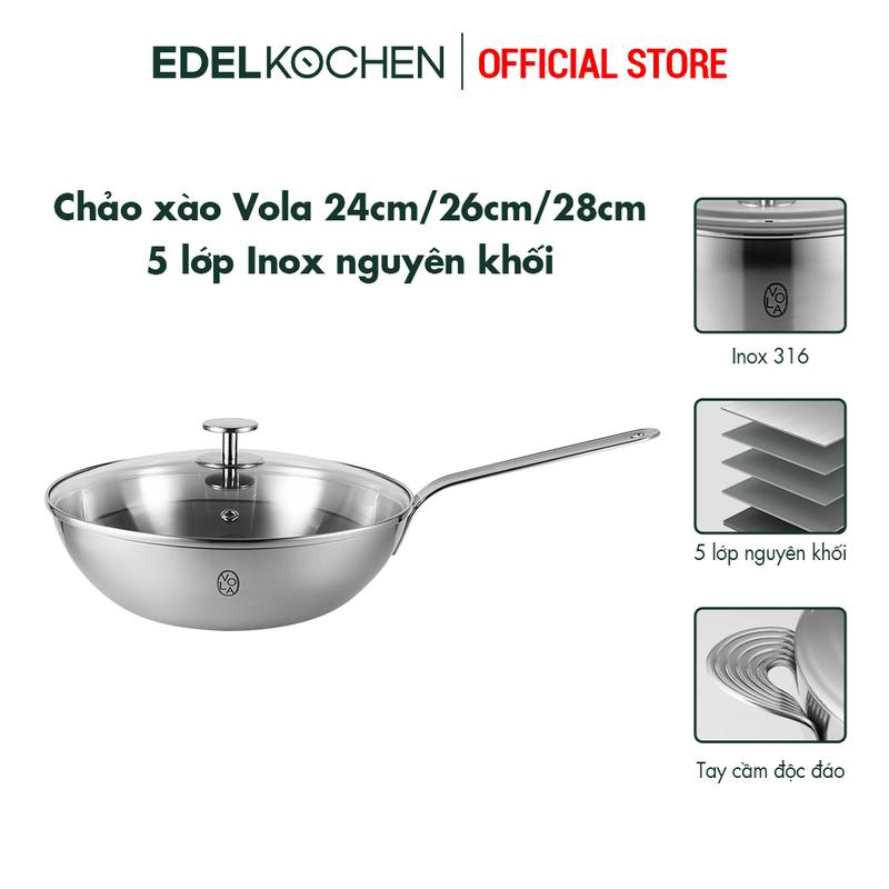 [EDELKOCHEN] - Chảo xào inox 316 - 5 lớp nguyên khối cao cấp Vola Collection 24/26/28 cm chảo sâu lòng chống dính tự thân có nắp pan chảo  inox