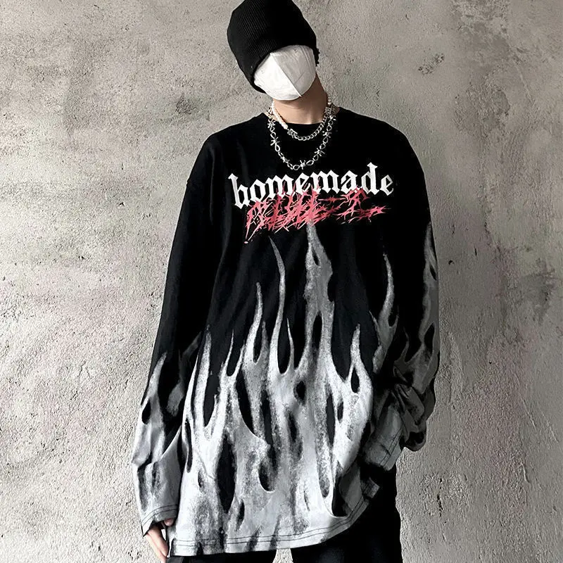 Áo Thun Đường Phố, Phong Cách Châu Âu Và Mỹ In Hình Ngọn Lửa Cổ Điển Tối Màu, Dài Tay, Áo Hoodie Mỏng Tuyệt Vời, Thích Hợp Cho Nam Và Nữ, Trang Phục Đường Phố Menswear