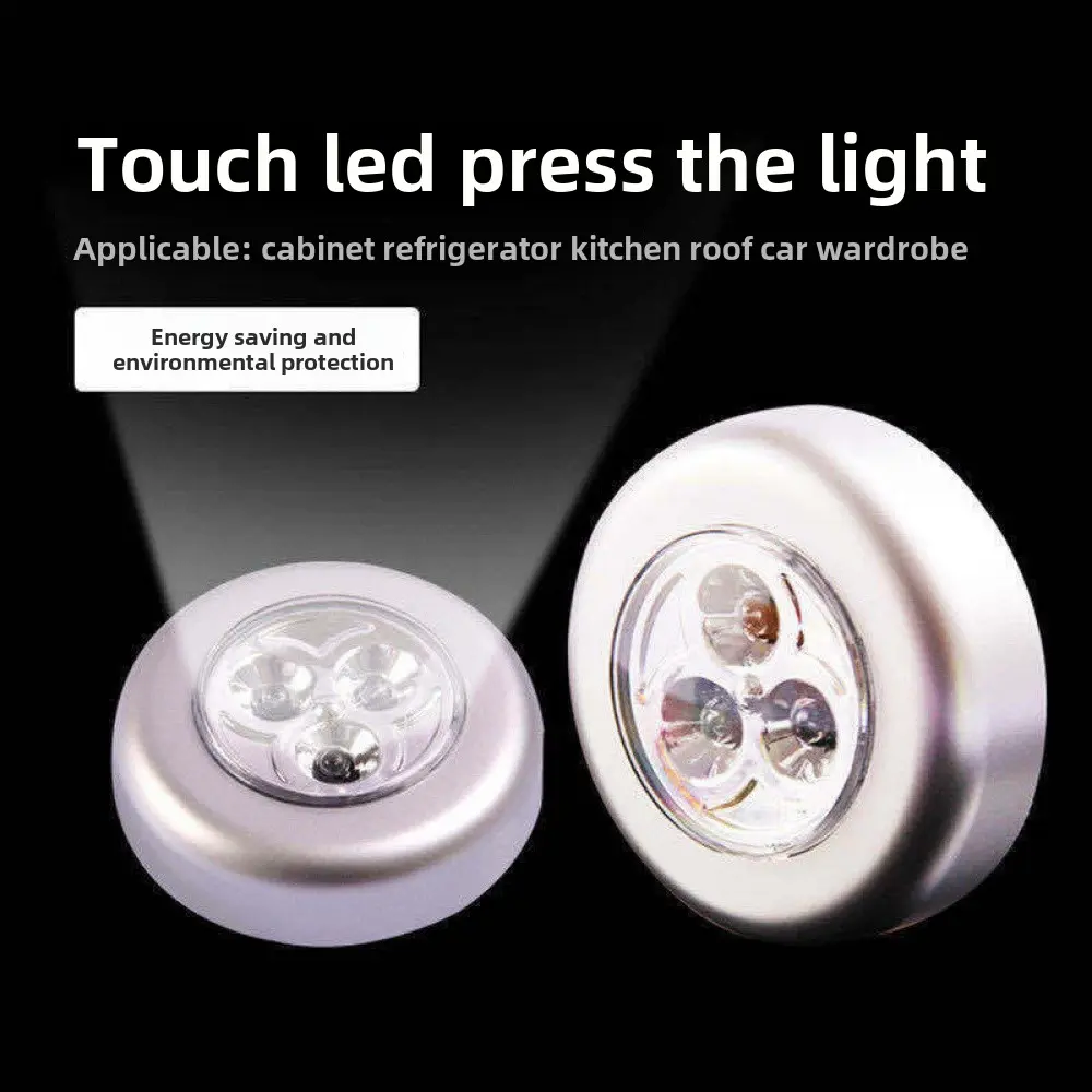 Creative Round Touch Lamp 3LED Press Lamp Car Use Tap Lamp Car Night Light Adhesive Wardrobe Reading Lamp Stick-on Reading Light for Cabinets