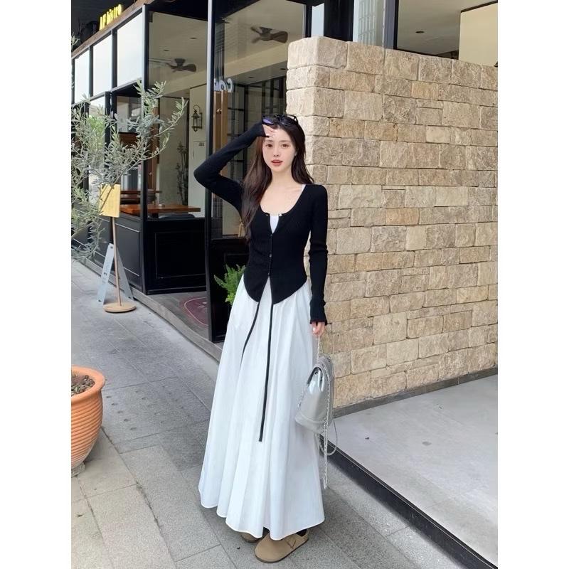 Set đầm maxy 2 dây s101005 SHCT+ áo khoác tăm đen lạ mắt trắng đen tôn dáng che khuyết điểm 50-85kg