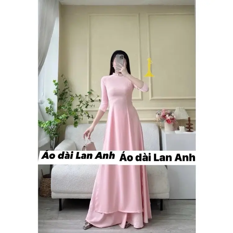 Áo dài lụa mỹ hồng pastel màu ngọt ngào dáng truyền thống cổ trụ 2p tay lỡ