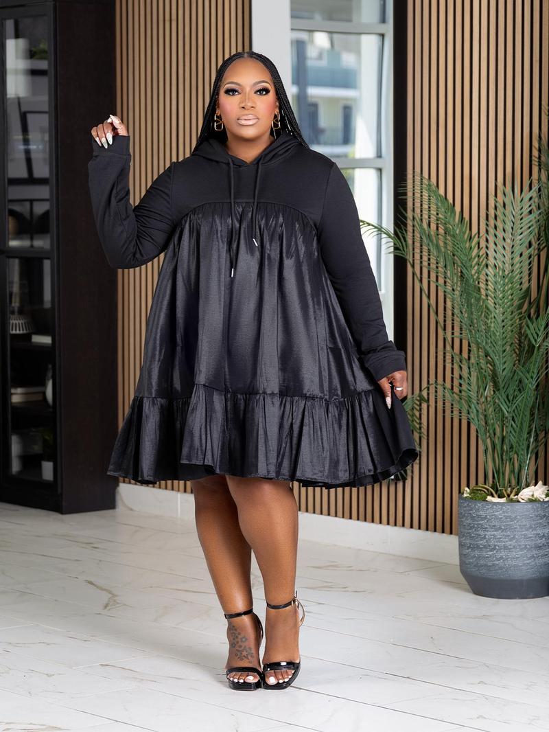 Product Introduction of 【Plus Size】 Solid Color Drawstring Hooded Dress, Casual Ruffle Hem Long Sleeve Dress for Fall & Winter, Women's Clothes for Daily Wear 1