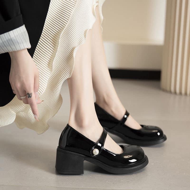   Form rộng Giày búp bê nữ tăng chiều cao giày đốc nữ da bóng gót 5p siêu sang Shoes 