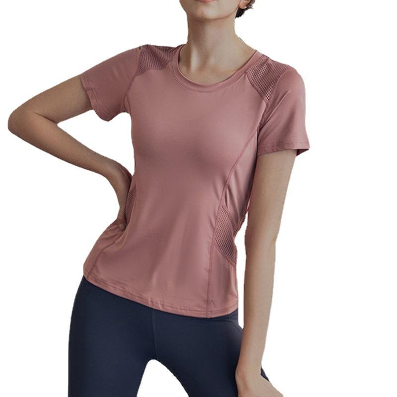 Woman-Yoga Clothes Summer Mesh Stitching Short Sleeve Sports Thin Breathable T-shirt Running Quick-Drying Fitness Dancing Daily 4