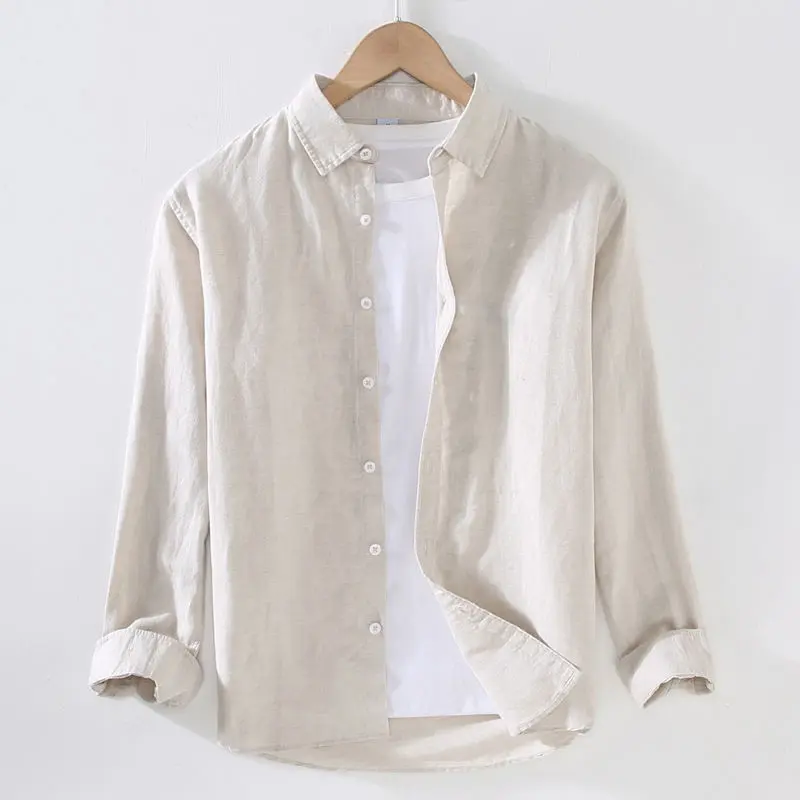 Men's Linen Long-Sleeved Shirt Linen Men's Japanese Casual Loose Cotton and Linen Shirt Spring and Summer Wear Outer Shirt