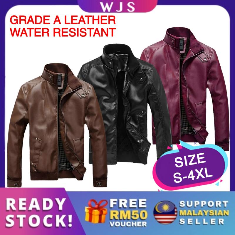 (THICK LEATHER PROTECTION) WJS Quality Fashion Man Leather Jacket Slimfit Motorcycle Leather Jacket Leather Coat Outwear for Mat Rempit Men Women Unisex BLACK BROWN MAROON MULTIPLE SIZES [FREE RM 50 VOUCHER]