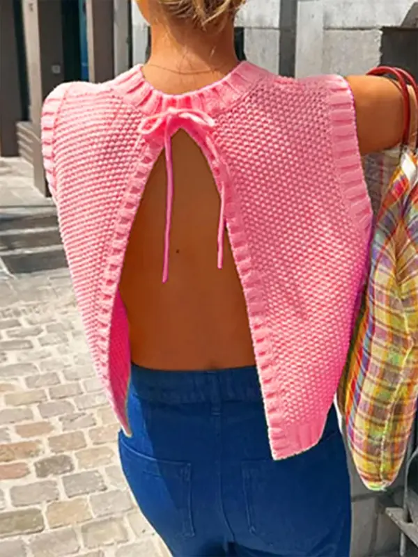 Women's Solid Split Tie Back Sweater Vest, Minimalist Fit Casual Round Neck Sleeveless Knit Top for Spring & Fall, Fashion Women's Knitwear for Daily Wear 4