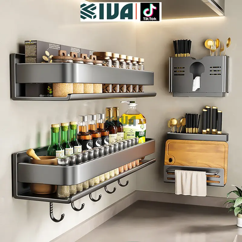 Kệ gia vị nhà bếp đa năng KIVA, chất liệu thép Carbon, lắp đặt dán tường, khoan tường, bảo hành 10 năm.