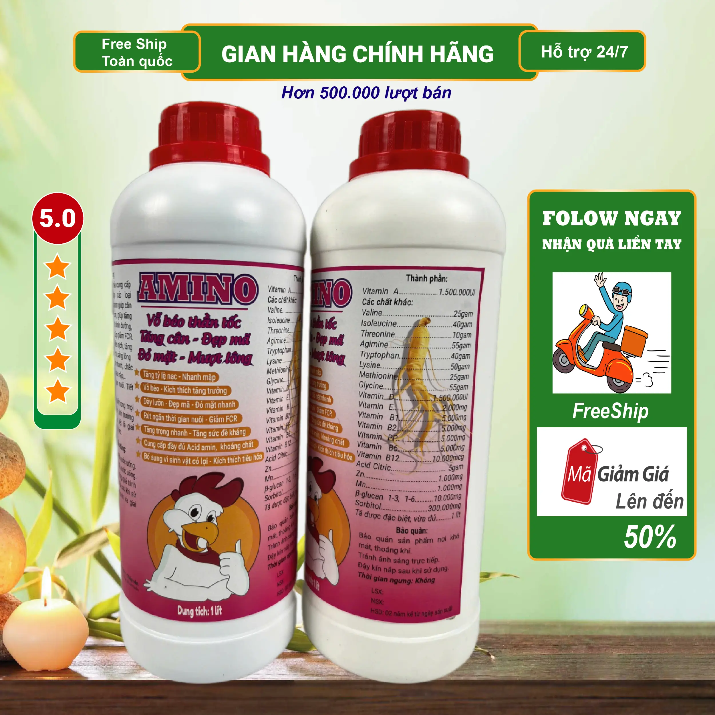 Amino 1 lít - Tăng cân, đẹp mã - Đỏ mặt, mượt lông-  Vỗ béo, tạo mã cho vật nuôi - cung cấp các Vitamin, acid amin thiết yếu cho vật nuôi