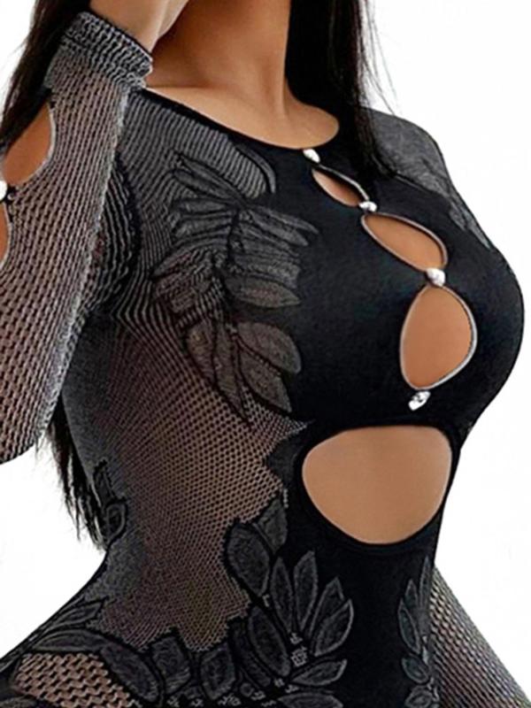Women's Plants Pattern Cut Out Sheer Jumpsuit, Long Sleeve Keyhole Neckline Skinny Jumpsuit for Party Club Dating, Ladies Clothes for All Seasons Valentine's Day, gift 6