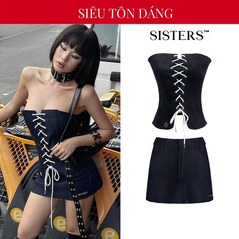 Set áo cúp ngực form corset đan dây thắt nơ phối chân váy midi chữ A jeans Draws Sisters | SS-SET39