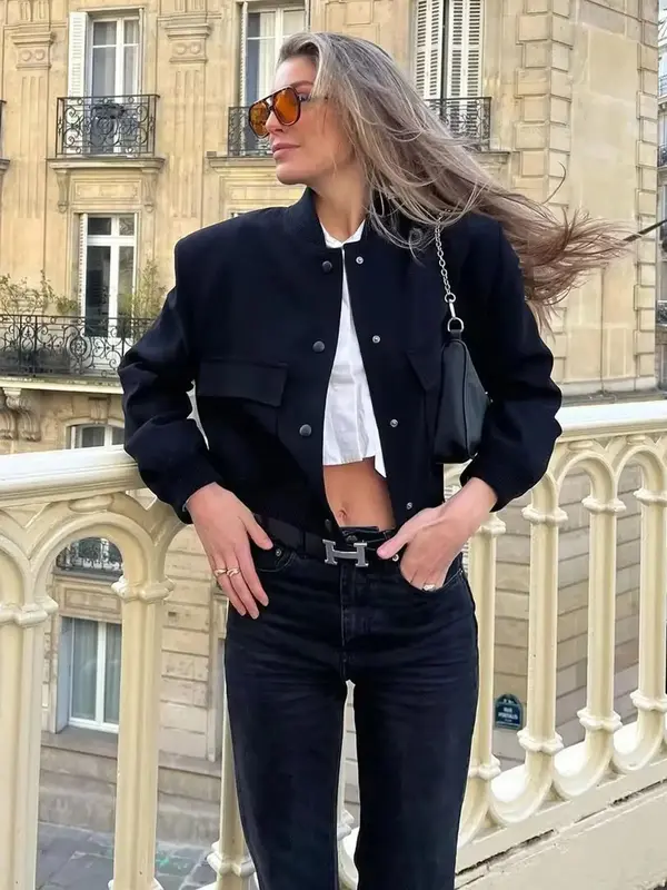 Women's Fitted Pocket Button Front Stand Collar Jacket, Utah Girl Outfits, Casual Drop Shoulder Long Sleeve Outerwear for Fall & Winter, Jackets Lady Coats, Holiday Evening Outfits 2024, School Essentials, Clubbing Tops Modest Outfits 1