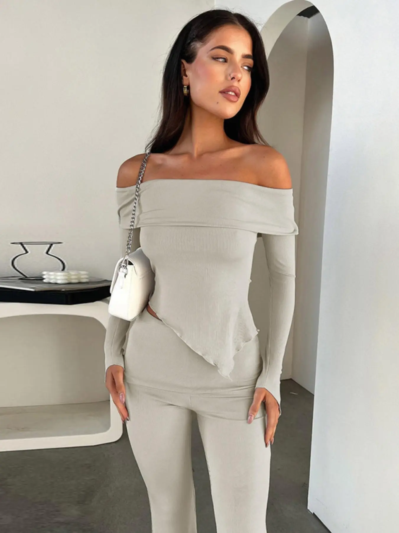Women's Solid Off Shoulder Asymmetrical Hem Tee & Flare Leg Pants Ribbed Two-piece Set, Casual Fashion Cozy Top & Trousers for Daily Outdoor Wear, Co-ords Set, Women's Lounge Clothing for Spring & Fall Valentine's Day, Gift