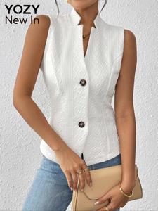YOZY Women's Solid Jacquard Button Front Vest Blazer, Casual Sleeveless Outerwear for Summer, Ladies Clothes for Daily Wear