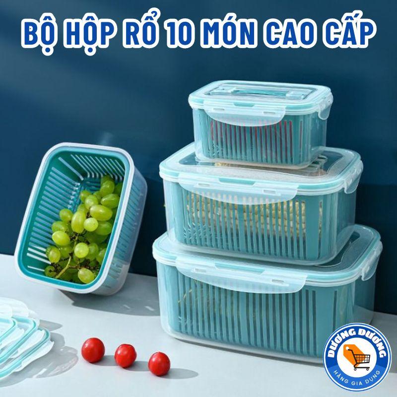 Bộ Hộp Rổ 10 Món Kèm Nắp Đậy Cao Cấp - SET 5 Hộp Đựng Thực Phẩm Bảo Quản Tủ Lạnh 2 Lớp Có Lỗ Thoát Nước Dễ Dàng Bảo Quản Rau Củ