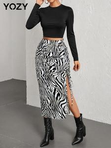 YOZY Plain Crop Tee & Zebra Strip Print Split Bodycon Skirt Set/ Long Sleeve Round Neck T-shirt & Drawstring Ruched Skirt, 2024 Women's Spring & Fall Outfits for Daily Wear, Tummy Flattering