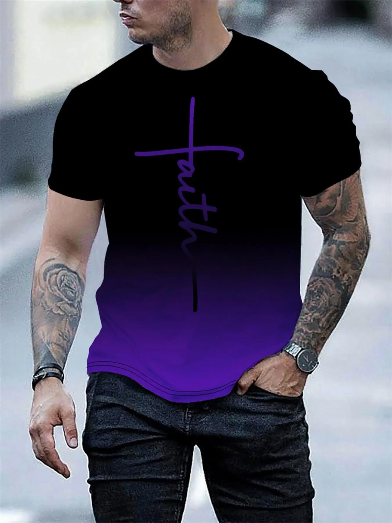 Men's Ombre Letter Print Round Neck Tee, Regular Fit Casual Breathable Short Sleeve Crew Neck T-shirt for Summer, Fashion Men's Top for Daily Wear, Graphic Tees, Streetwear