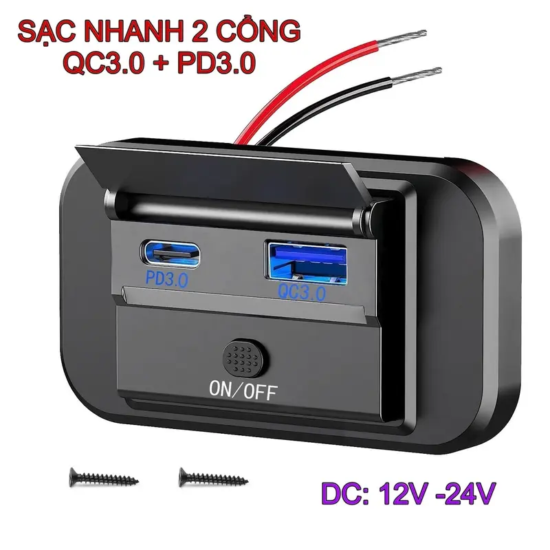 Tẩu sạc nhanh điện thoại iphone ipad máy tính bảng 2 cổng Usb QC3.0 và Pd3.0 có nắp đậy công tắc ON OFF sử dụng điện bình 12v-24v Phụ Kiện 0