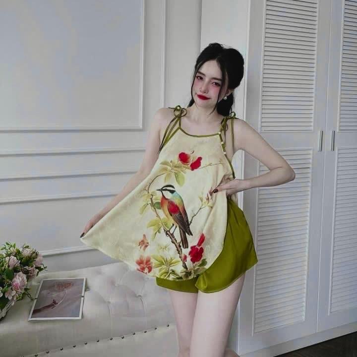 Sét bộ yếm hoạ tiết chất lụa gấm áo+quần có túi women form 40-60kg 8