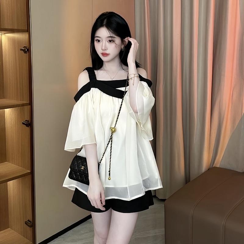 S116-Set bộ đồ trễ vai Babydoll màu kem kèm quần tafta dáng phồng Nữ Women Áo Nhung Voi