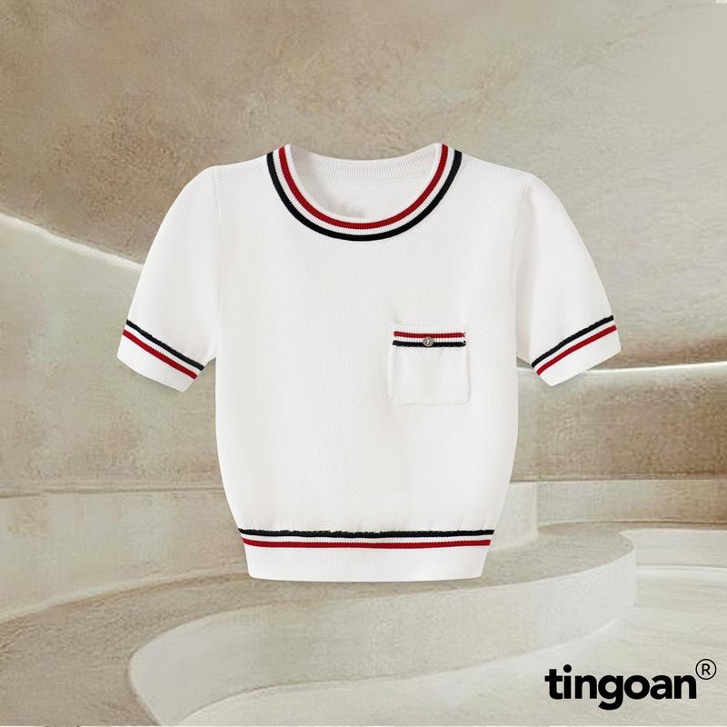 TINGOAN - Áo len xù cổ tròn nm túi zúm dáng lửng fg có 2 line viền áo trắng Kẻ sọc MIMI TOP/WH PHIÊN BẢN MỚI T2.2025
