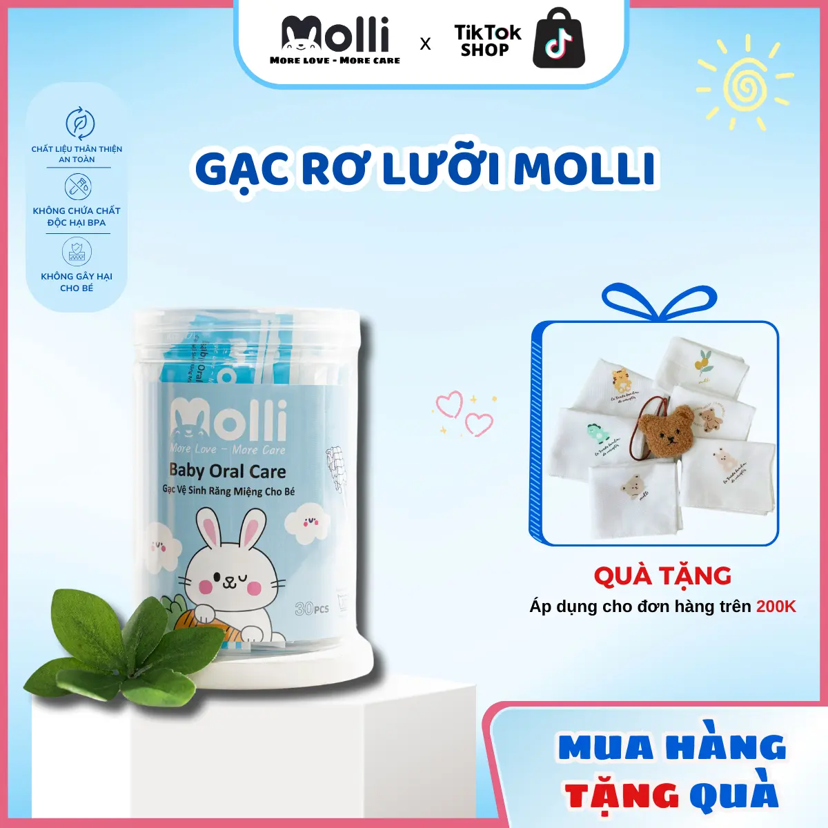 Gạc Vệ Sinh Răng Miệng Molli Cho Bé Từ 0-3 Tuổi , đã được tiệt trùng , tiện lợi , dễ dàng sử dụng 30PCS / Hộp Mol3002