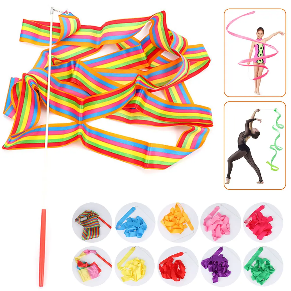 Colorful 2m/4m Ribbons Dance Gym Ribbon Rhythmic Art Gymnastics Ballet Streamer Twirling Rod Rainbow Stick For Training Sports #431110