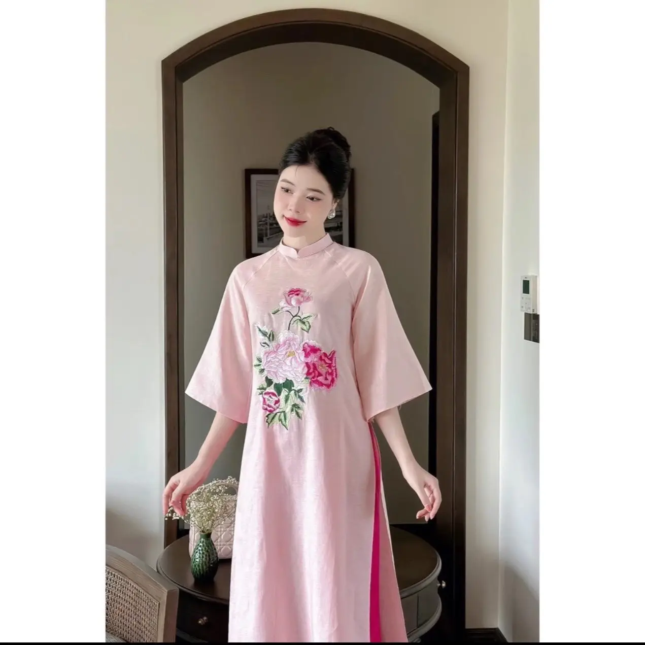 [Tiệm nhà Mây-M001] Áo dài Nhã Linh chất linen thêu hoa, quần Ngọc trai