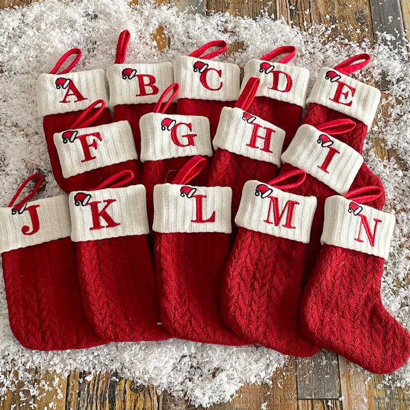 Product Introduction of Letter Snowflake Paw Pattern Christmas Decoration Stocking, 1 Count Knitted Candy Bag, Christmas Tree Hanging Ornament, Festive Party Supplies 2