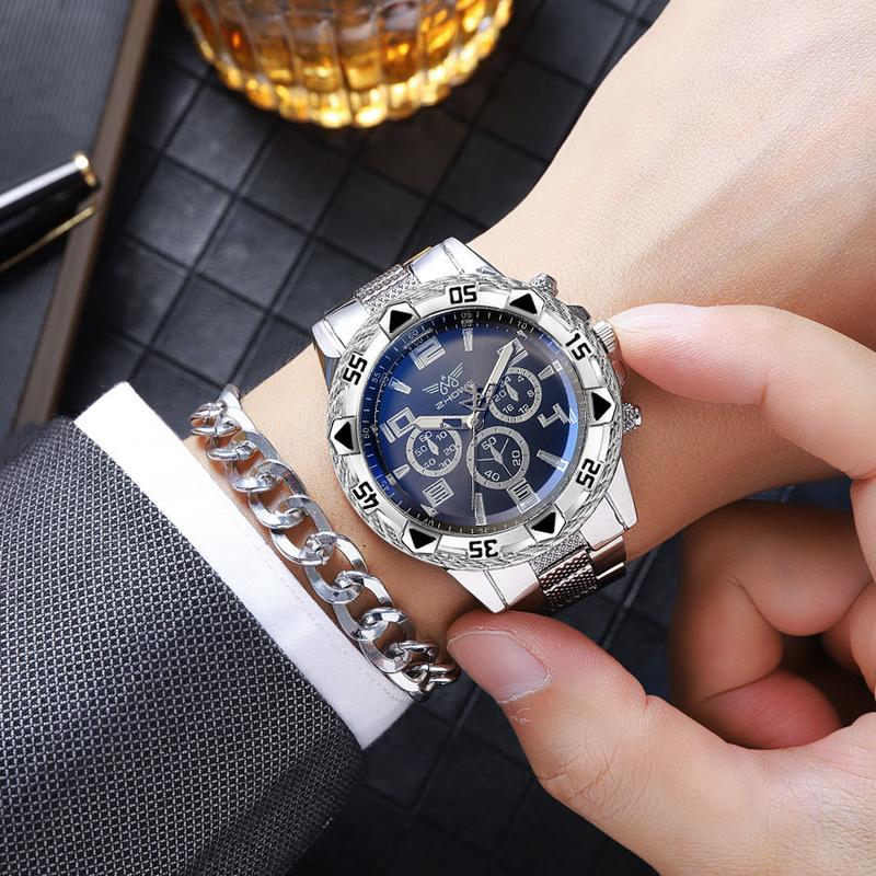 Bộ Đồng Hồ Nam, 4 Món, Dây Đeo Cổ Tay Vòng Cổ Nhẫn Miễn Phí, Thép Không Gỉ, Mặt Số Lớn, Đồng Hồ Thạch Anh Ba Kim, Thích Hợp Cho Nam 6