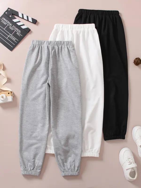 Girl's Letter Print Elastic Waist Pants, Casual Comfy Trousers for Daily Outdoor Wear, Girls Bottoms for Spring Fall, Kids Clothes 3