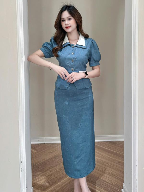 Set váy công sở thanh lịch, chất liệu vải cap cấp in hoa văn dập nổi, set váy ôm tôn body tay áo phồng che khuyết điểm, set đồ nữ đẹp, dài qua gối , set đồ nữ đi dự tiệc, đi chơi, đi làm công sở Lucie Set S1546-Thoitrangsuha Women