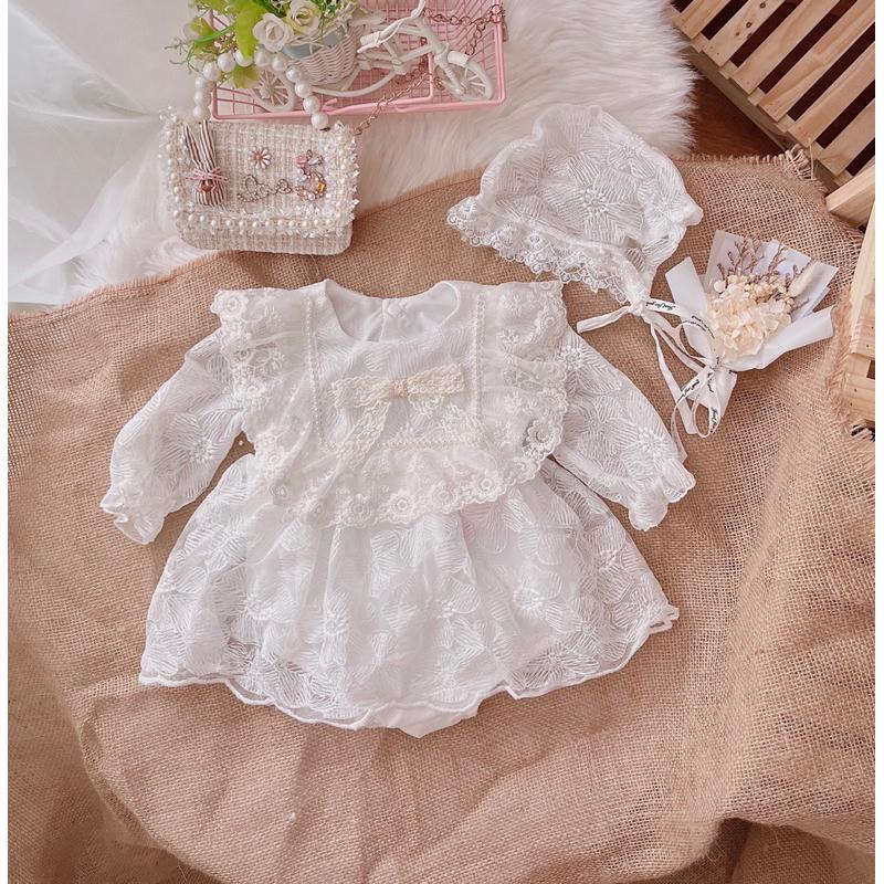 Bodysuit Cho Bé Chất Ren Sam Trắng Dây Ngọc Kèm Mũ Xinh