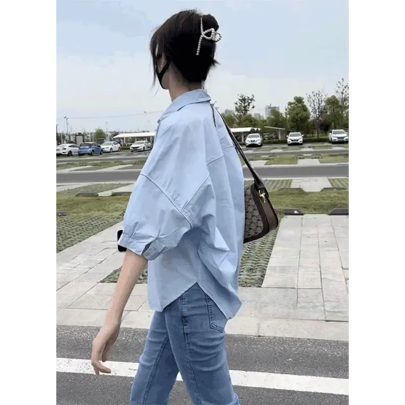 Áo Sơ Mi Trắng, Dáng Rộng Vừa Vặn, Thiết Kế Tay Lửng Dáng Ôm, Dành Cho Nữ, Hàng Mới Về Mùa Hè 2024, Phong Cách Hàn Quốc, Thời Trang, Dễ Phối Đồ, Chống Nắng, Áo Sơ Mi Women Top 2