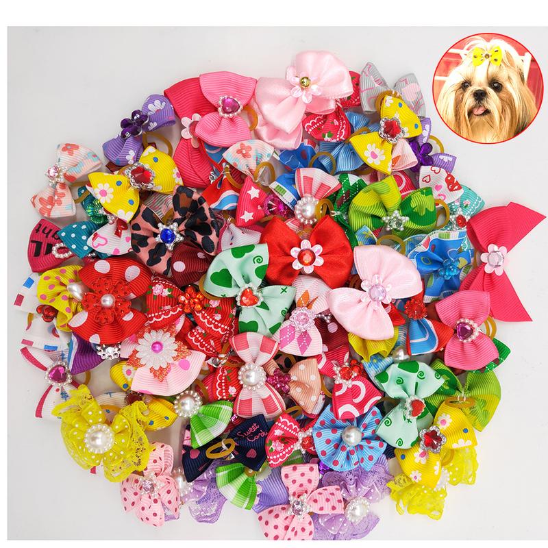 Product Introduction of 50/100 pcs New Pet Pet Dog Cat Hair Bows Rubber Bands Rubber Bands Diamond Dog Accessories Small Dog Pet Supplies Cute 11