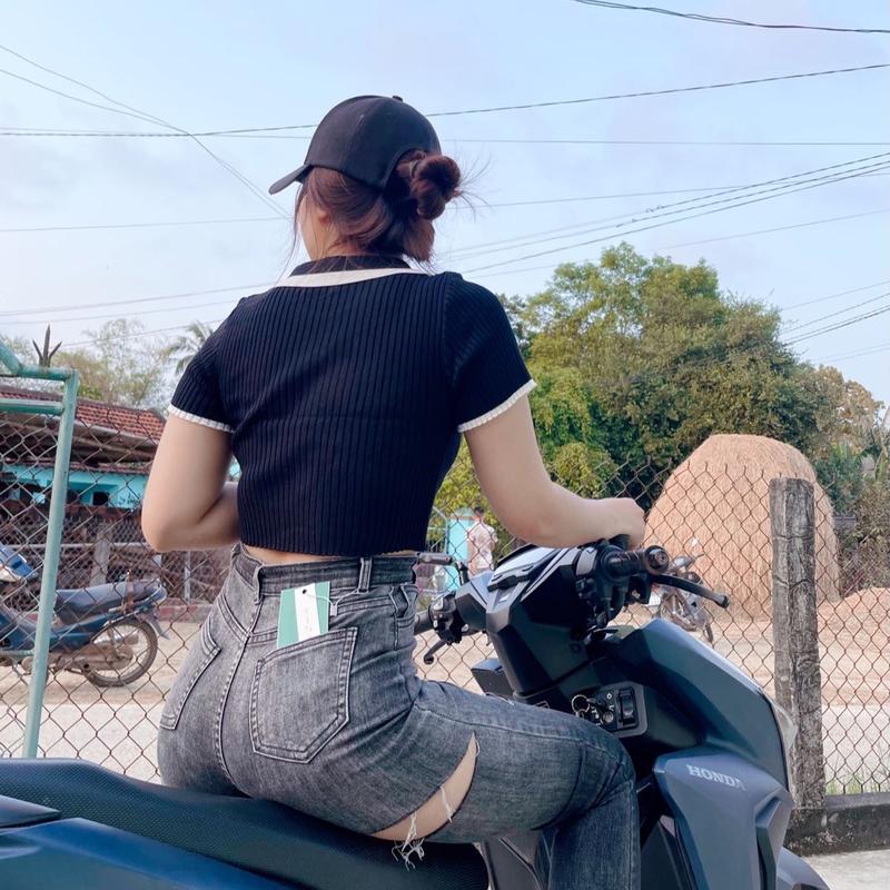 Quần jean loang xám nữ rách sau m.o.ng