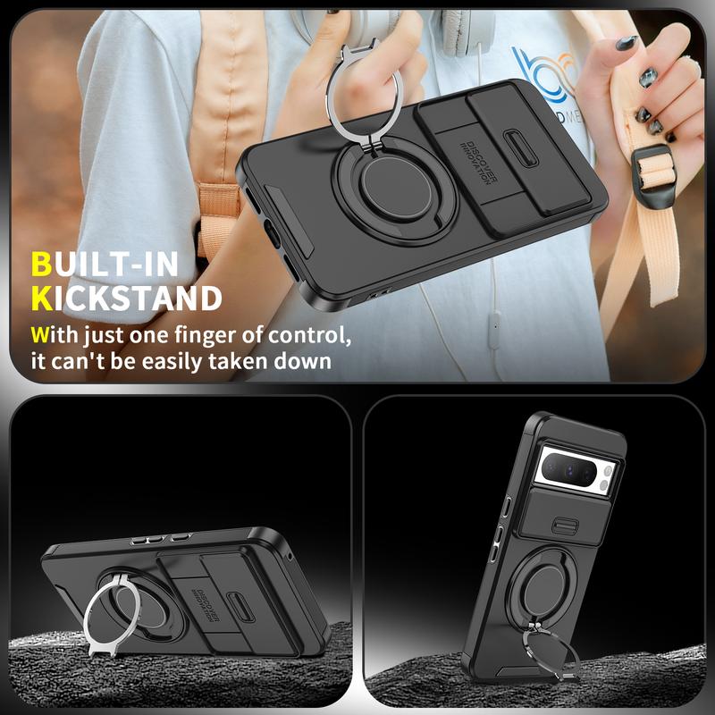 360 °     Magnetic Metal Ring Holder Phone Case With Sliding Camera Protection For Google Pixel 9A Pixel 9 Pro XL 9 9 Pro 8 Pro 8A 7 Pixel 7 Pro Heavy Duty Shockproof Armor Hard Back Cover Dustproof, IP67 waterproof, sweat proof 7