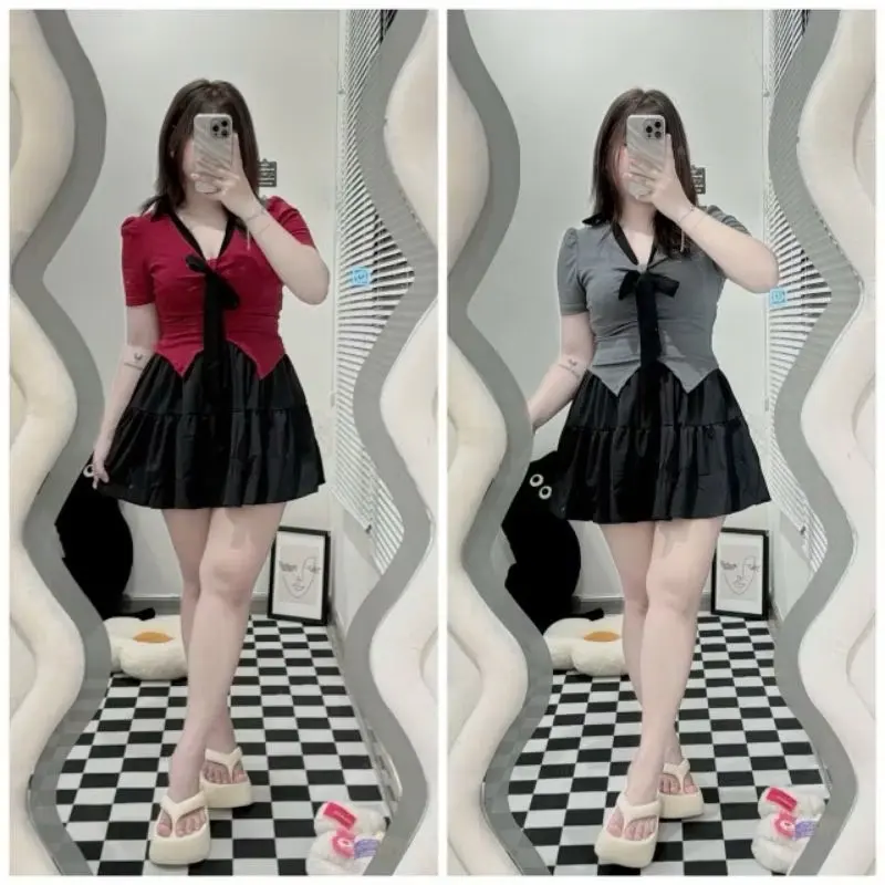 ￼[Bigsize 60_90kg] sét bộ áo thun+ váy cột nơ