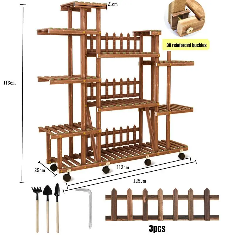 Solid Pine Wood Tall Tiered Plant Stand with 8 Swivel Wheels, 4 Brake Wheels - 125cm x 25cm x 115cm