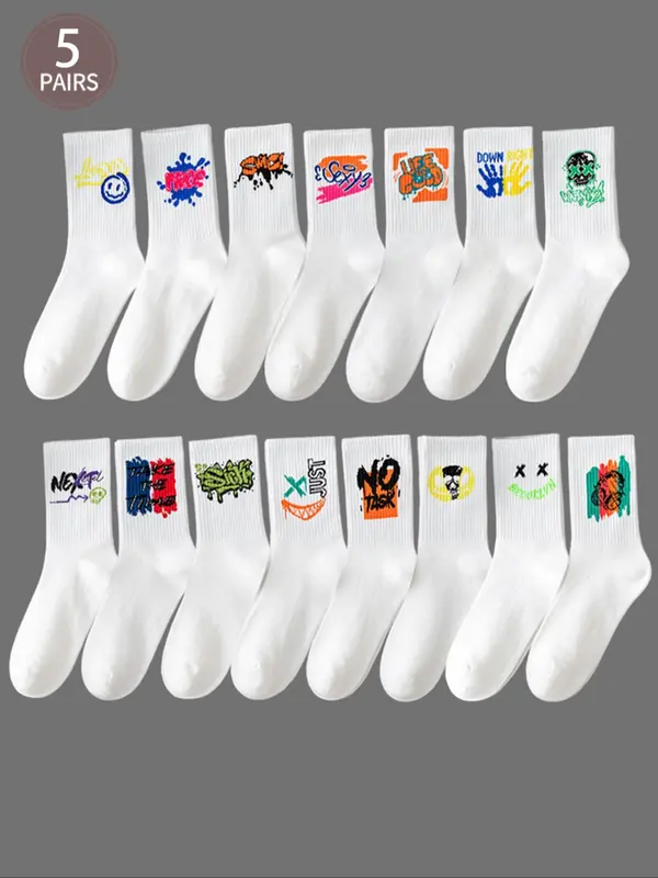Unisex's 5 Pairs Random Print Crew Socks, National Day Offers, Casual Moisture Wicking Socks, Soft Comfy Breathable Socks for All Seasons Daily Wear, Socks for Women 3