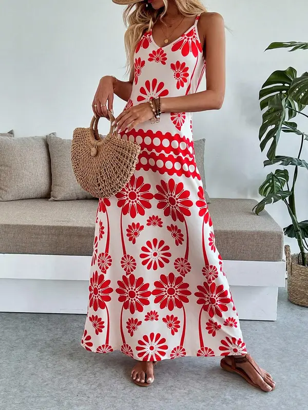 Women's Floral Print Dress, Casual Boho Sleeveless Dress for Beach Holiday Vacation, Ladies Summer Clothes 2