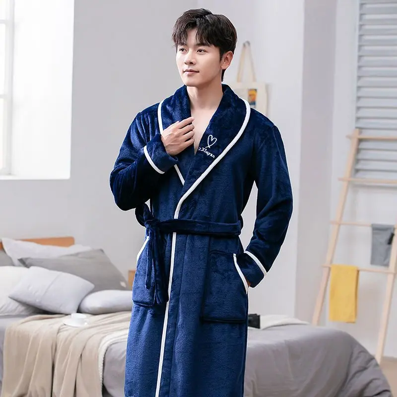 Flannel Pajamas Men's Autumn and Winter New plus Size Indoor Homewear Coral Velvet Night-Robe Men's Bathrobe Bathrobe Fleece-lined Menswear Loungewear