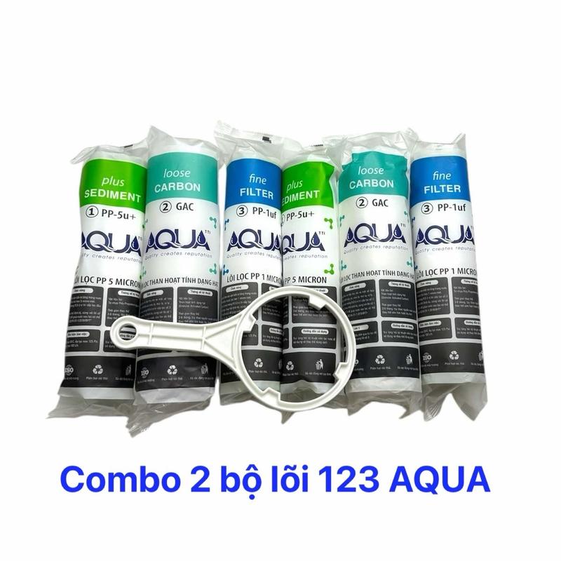 Combo 2 bộ lõi lọc nước AQUA 1,2,3 Tặng kèm tay công tháo cốc lọc 1,2,3 sản suất tại Bộ lọc nước thay thế cho máy lọc nước Ro có cốc lọc 1,2,3 10inch