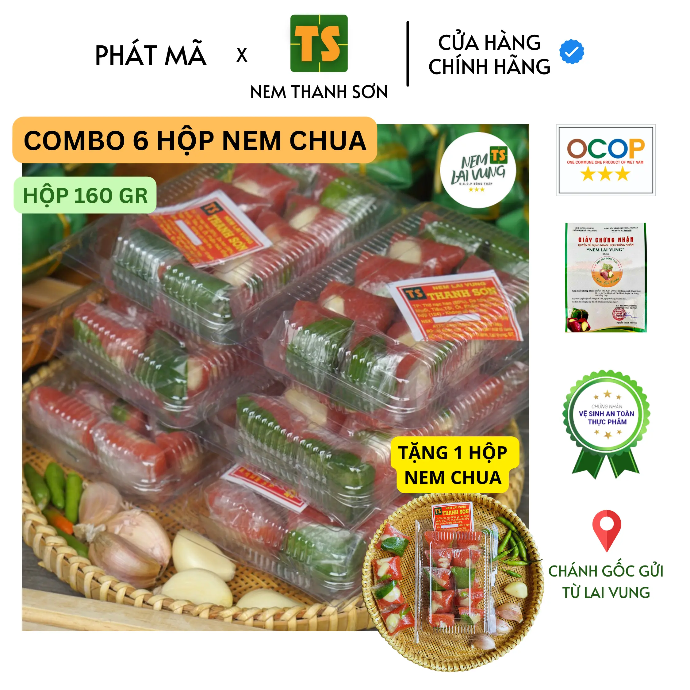6 Hộp Nem Chua Tỏi Ớt - Đặc sản Lai Vung Chánh Gốc - Mỗi Gói 160gr Gồm 10 Chiếc Nem