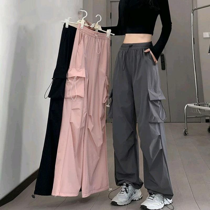 Quần ống rộng kaki túi hộp cạp chun dây rút gấu dáng suông dài Quần jogger nữ ống rộng lưng cao bo gấu co giãn màu Đen kem hồng Gym Sport Tập Gym Yoga Tập Yoga